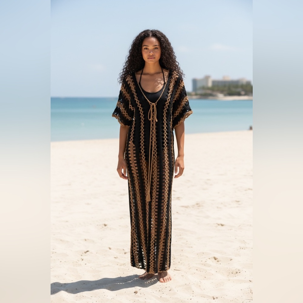 Elegant Black and Tan Crochet Swim Cover-Up